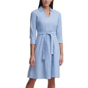 TOMMY HILFIGER Gingham 100% Cotton Blue White 3/4 Sleeve Vneck Knee-length Dress